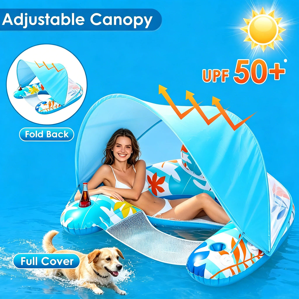 Pool Float with Adjustable Canopy, Adult Inflatable Lounge Chair Float, Leisure Water Toy with Sun Shade, Cup Holder and Phone Holder for Pool, Beach & Lakeside Relaxation