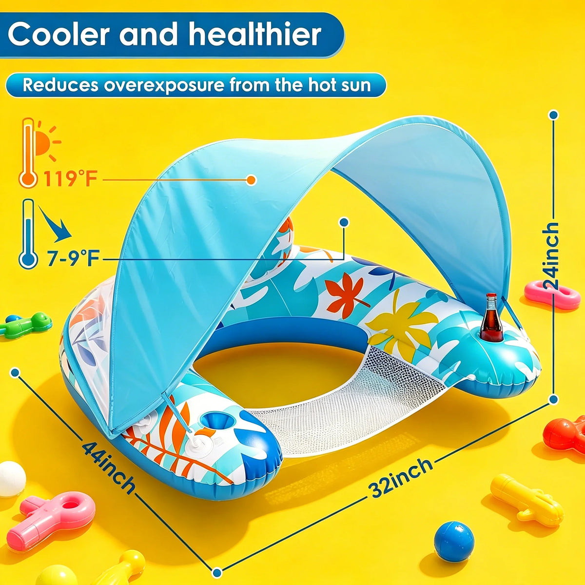 Pool Float with Adjustable Canopy, Adult Inflatable Lounge Chair Float, Leisure Water Toy with Sun Shade, Cup Holder and Phone Holder for Pool, Beach & Lakeside Relaxation