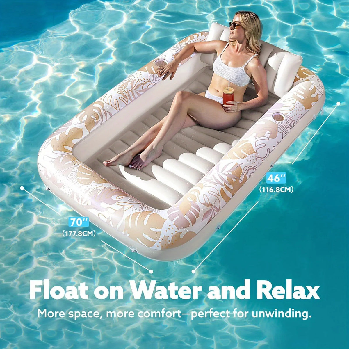 JOYFY Inflatable Tanning Pool Lounger Float 70" x 46" Pool Floats Adult with Pillow 4 in 1 Suntan Tub Raft Floatie Sunbathing