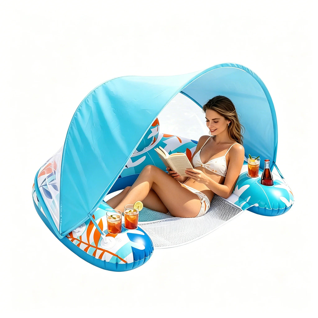 Pool Float with Adjustable Canopy, Adult Inflatable Lounge Chair Float, Leisure Water Toy with Sun Shade, Cup Holder and Phone Holder for Pool, Beach & Lakeside Relaxation